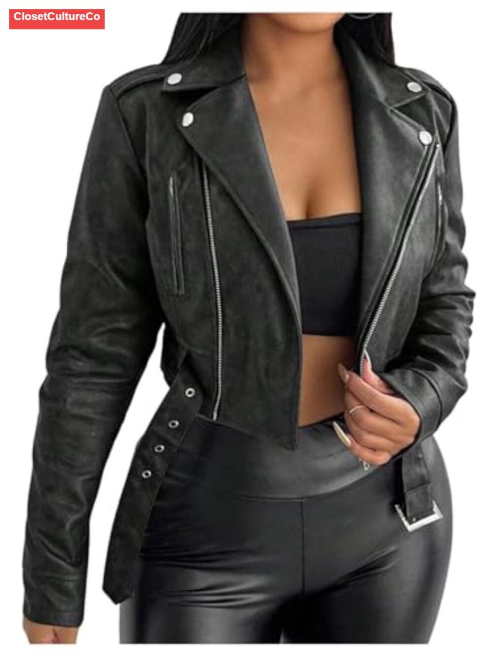 Faux Leather Crop Bomber Jacket Zip Moto Streetwear Women